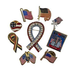 Americana Pin & Brooch Lot Patriotic USA 9 Piece Enamel Jewelry Set & Bundle